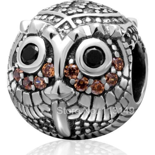 Zircon Micro Pave Owl 925 Sterling Silver Big Hole Round Charm Beads Fit European Bracelet Necklace DIY Fine Jewelry SZPB222