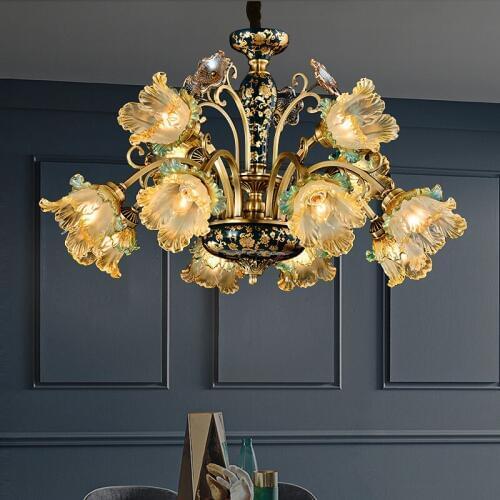 European copper chandeliers living room atmosphere luxury bedroom lamp French ceramic copper lamp Led Chandelier Lighting