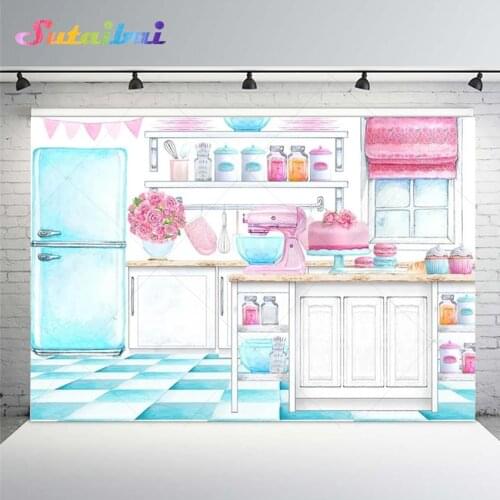 Baby Shower Background Cartoon Open Kitchen Desserts Cook Child Portrait Photo Background Photography Studio Watercolor Backdrop