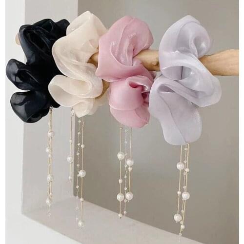 Korea Big Size Rayon Hair Scrunchies Women Elastic Hair Bands Headwear Ponytail Holder Hair Tie Hair Accessories Tassel Pearl