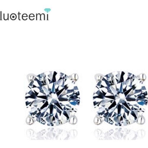 LUOTEEMI Simple Style High Quality 1 Carat 5mm Pure Clear Cubic Zirconia Round Cute Earrings for Girls White Gold-Color Factory