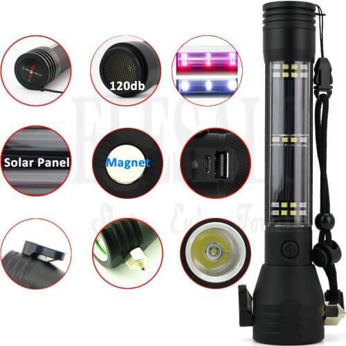 Multi Function Self Defense Flashlight Solar Powered Car Outdoor Survival Strobe Led Light Emergency Glass Breaker 120dB Alarm