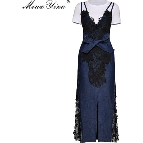 MoaaYina Fashion Designer Suit Spring Summer Women Short sleeve T-shirt Tops+Spaghetti strap Cowboy Skirt Two-piece set