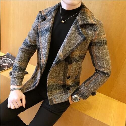 Men Woolen Jacket 2020 Winter New Double Breasted Windbreaker Fashion Retro Tartan Jackets Man Slim Fit Short Jacket Trench 5xl