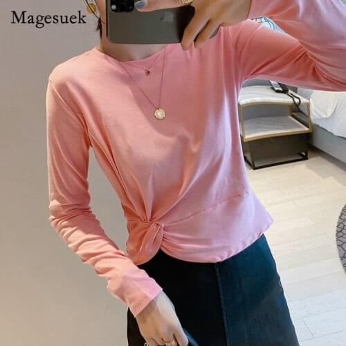 2021 Autumn New Solid O-neck Bow Long-sleeved T-shirt Women Irregular T-shirts Slim Cotton Tops for Women Clothing Blusas 16082