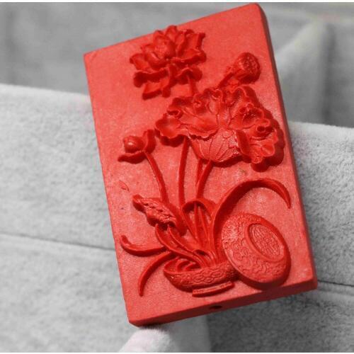 New lotus flower carving vintage synthetic red cinnabar rectangle pendant ancient fit for necklace jewelry 36*56mm B1540