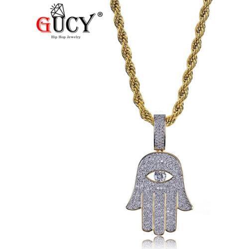 GUCY Hip Hop Fatima Hand Eye Pendant Necklace Gold Color Plated Micro Pave Cubic Zircon Stones Charm Jewelry For Men Women Gift