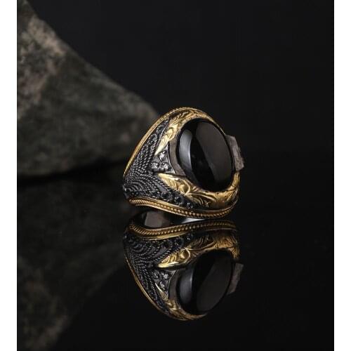 Black Zircon 925 Sterling Silver With Gold Plate Engraved Traditional Handmade Turkish Signet Ring Jewelry Gift for Women Men