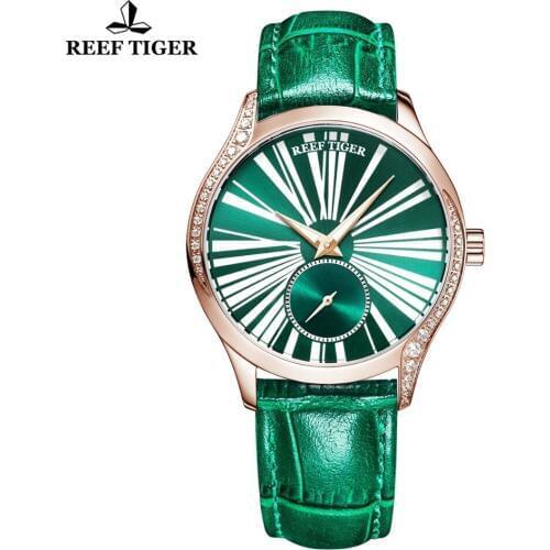 Reef Tiger/RT Top Brand Women Fashion Watch Luxury Automatic Watches Green Leather Strap Diamond Watch reloj mujer RGA1561