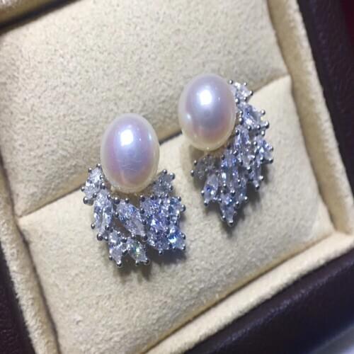 Freshwater pearl white COIN +silver925 stud earrings 7-8mm FPPJ wholesale beads nature