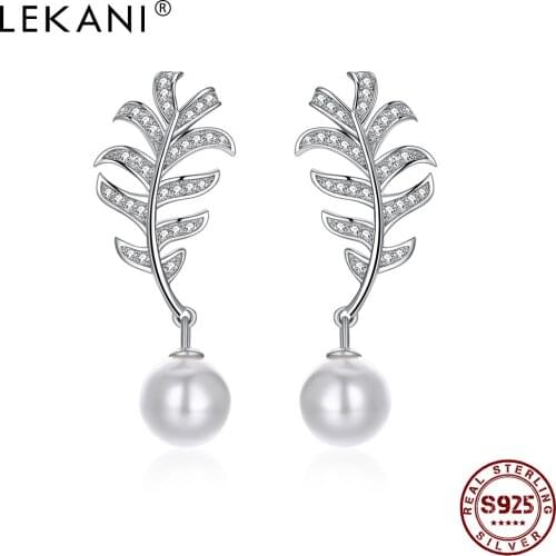 LEKANI 925 Silver Stud Earrings For Women Austria Crystal Pearl Exquisite Leaf Earrings Fashion Jewelry Girls Birthday Gifts