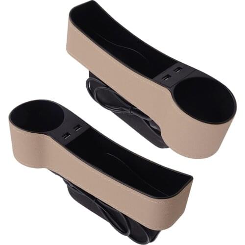 Universal 1 Pair Console Left & Right Side Beige Car Seat Slit Storage Box Organizer Pocket with 2 USB Ports