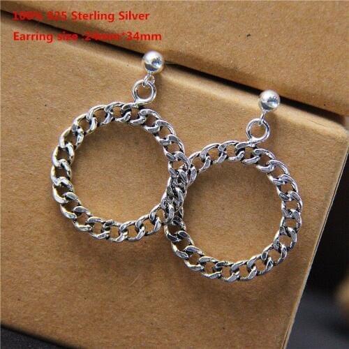 Buyee 100% 925 Sterling Silver Stud Earrings Women Retro Rolo Chain Personality Unique Earrings for Women Fashion Party Jewelry