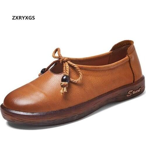 Hot 2021 New Classic Retro High Quality Soft Genuine Leather Shoes Womens Flats Soft Sole Wear Casual Shoes Comfort Trend Shoes