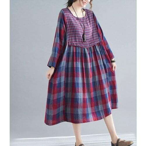 2021 New Arrival Print Plaid Patchwork Loose Autumn Dress Cotton Linen Vintage Office Lady Work Dress Women Spring Casual Dress