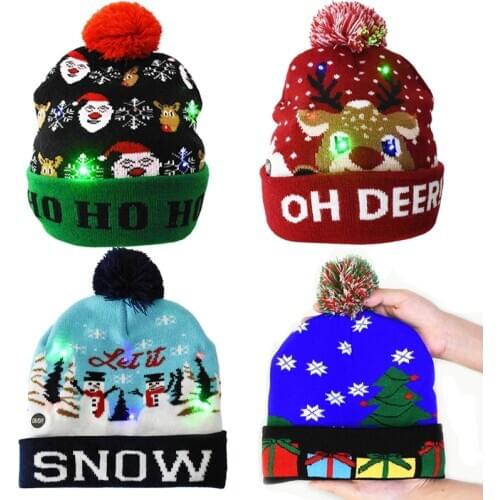 1PC LED Christmas Hats Christmas Tree Snowman Pattern Knitted Beanie Hat With Colorful Lights For Kids Adults New Year Xmas Gift