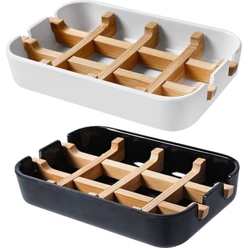 2 Pack Wooden Soap Dishes for Bathroom Bar Soap Holder Shower Soap Box Sink Deck Bathtub Shower Tray (Black,White)