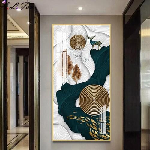 Abstract golden fish canvas painting red blue leaf frames posters luxury frame wall art for living room tableau beauty salon
