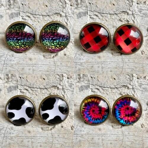 Free Shipping Glass Dome Tie Dye Spiral Buffalo Plaid Leopard Round Stud Earrings for Women Fashion Sunflower Dot Earrings Gifts