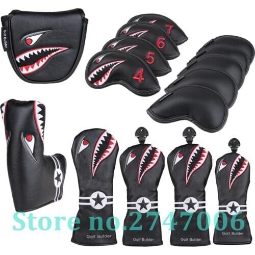 Black PU Leather with Shark Embroidery Golf Club Driver Fairway Wood Hybrid Iron Blade Mallet Putter Head Cover