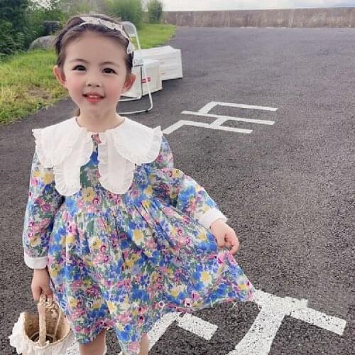 Pattern Autumn Kids Dresses For Girl Floral Pleated Party Dress Children Cotton Clothes vestido infantil menina
