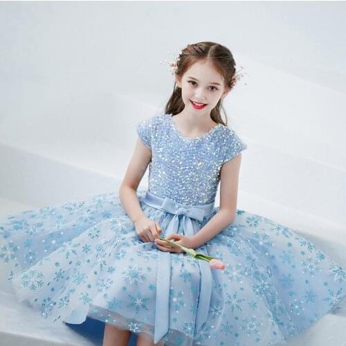 Blue Sequins Flower Girls Dress Pageant Evening Gown Kids Children Princess Costumes Wedding Party Prom Teens Birthday Dresses