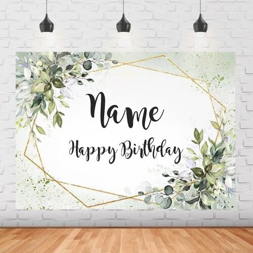 Happy birthday background golden glitter green leaf decoration banner children adult birthday party photo studio name DIY