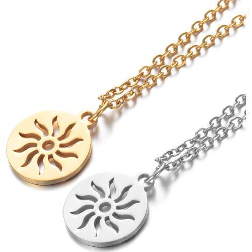2019 316L Stainless Steel Hollow Out Sun Charm Pendant Necklace Gold Steel Tone Long Chain Choker Collar for Women Men Gift