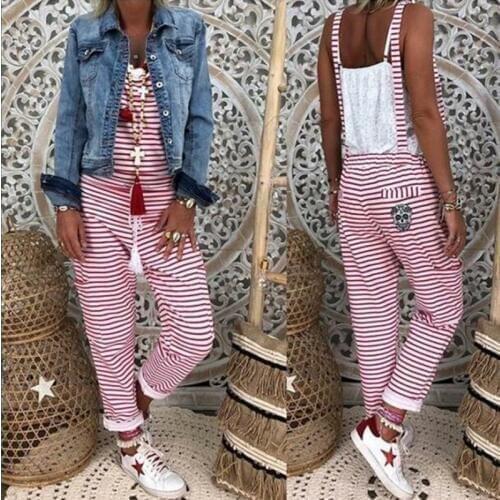 Women Striped Jumpsuit Overalls Sleeveless Summer Jumpsuit Loose Casual Baggy Bib Pants Rompers