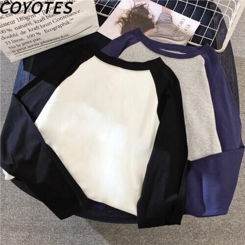 COYOTES Womens T-Shirts Long Sleeve O-Neck T-shirt Women Patchwork Korean Style Tops Trendy Simple Leisure All-match Loose