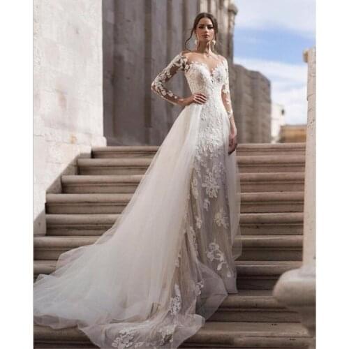 2020 Sheer Neck Long Sleeves Lace Mermaid Wedding Dresses With Detachable Skirt