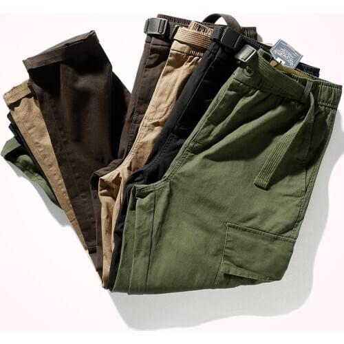 2021 Spring Tapered Cargo Pants Mens Capris Loose Legged Fashion Elastic Waist Buckle Belt Multi Pocket Casual Pants