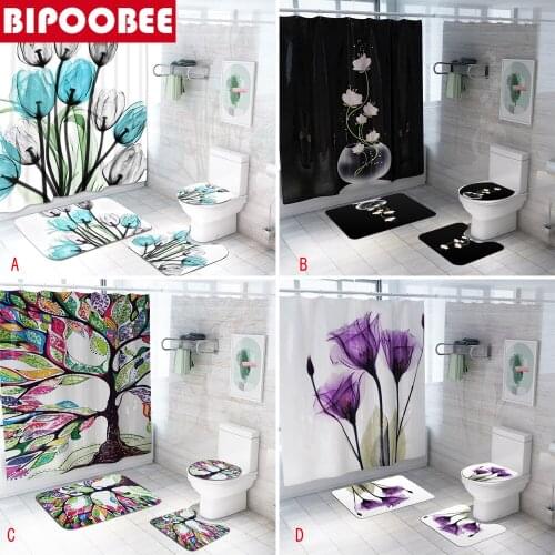 Colorful Tulip Lotus Flowers Tree 3D Shower Curtain Set Non-Slip Rugs Toilet Lid Cover and Bath Mat Waterproof Bathroom Curtains