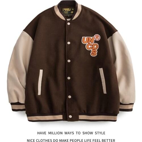 New Arrival Autumn Brown Patchwork Embroid Womens Letterman Baseball Bomber Jacket Unisex Mens Varsity Shirt Street College