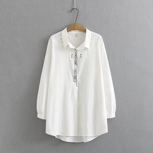 Plus Size XL-4XL Womens Full Cotton Long Sleeved Long Blouse Floral Embroidery Vintage Tops Muslim Blusas