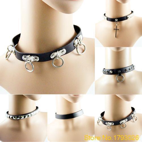 Rock Gothic Black Leather Heart Chain Spike Rivet Buckle Punk Collar Necklace 4TN5