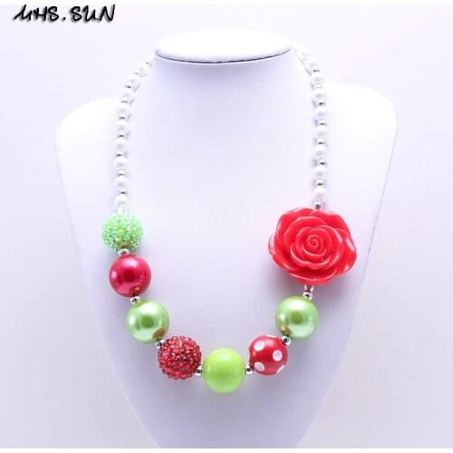 MHS.SUN Red Color Flower Christmas Kid Chunky Necklace Bubblegum Bead Baby Girl Chunky Necklace Jewelry For Toddler Children