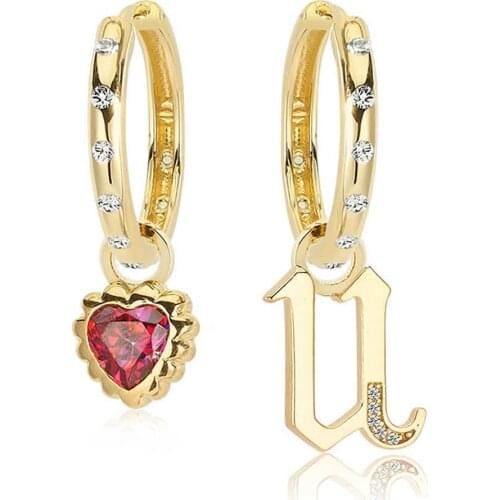Valori Jewels Letter And Heart, Zirconia White And Red Gemstone, Gold Plated, Sterling Silver Small Stylish Hoop Charm Earrings