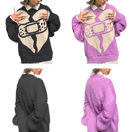 Women’s Casual Long-sleeved Loose Sweater Fashion Heart Pattern Round Neck Knitwear Pullovers