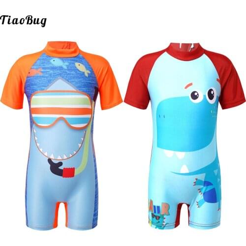 TiaoBug Kids Boys 1Pc Cartoon Dinosaur Shark Print Swimming Suit Stand Collar Short Sleeve Shorts Quickly Dry Beach Swimwear