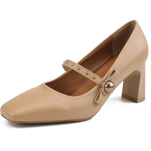 Buckle Mary Jane Shoes Women Chunky High Heel Vintage Lolita Shoes Woman 7cm High Heels Square Toe Nude Women Shoes