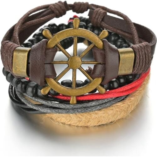 Unique Bronze Compass Jewelry Gift Deep Color Braided Wrap Leather Bracelets Vintage Male Charm Ethnic Tribal Wristbands