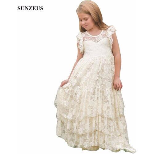Vintage Lace Flower Girl Dress Bohemian A-line Floor Length Long Childern Wedding Party Gowns See-through Back FLG001