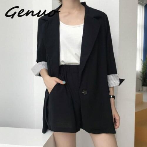 Women Sets Chiffon Blazer Suits Thin Coats Loose Suit Jacket+Elastic Waist Casual Shorts Two Piece Suits Lady 2019 Summer Autumn