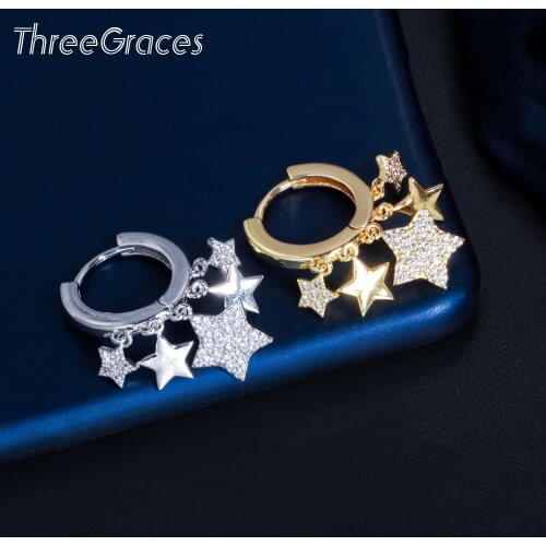 ThreeGraces Shining Cubic Zirconia Silver Color Lovely Star Huggies Hoop Earrings for Women 2021 Trendy Boho Charm Jewelry ER615