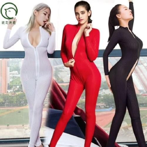 Conjoined Body-hugging Queen Bodysuit Lure Desire High Elastic Vertical Stripe Women Jumpsuit Nightclub Zip Open Crotch Lingerie