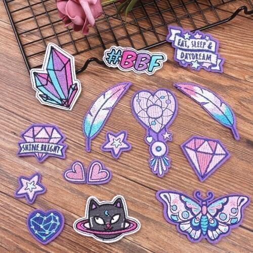1pcs purple butterfly leaf diamond star cartoon fashion embroidery Iron on patches DIY decorative children clothes