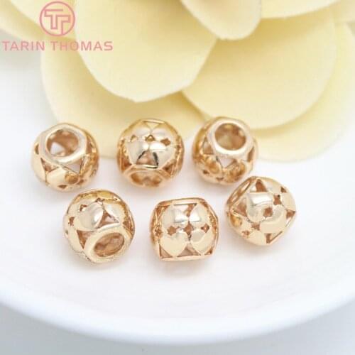 6PCS 11x9MM 24K Champagne Gold Color Plated Brass Heart Large hole Spacer Beads Bracelet Beads High Quality Jewelry Accessories
