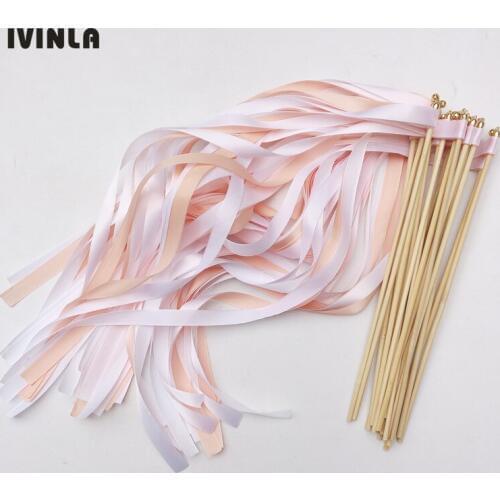 50pcs/lot coral wedding wands 3 stain ribbons Twirling Streamers wedding ribbon stick for wedding decoration