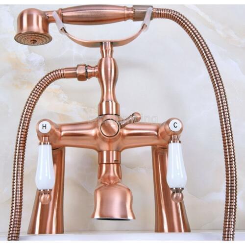 Antique Red Copper Deck Mounted Clawfoot Bathtub Faucet Filler Mixer With Hand Shower Wna173